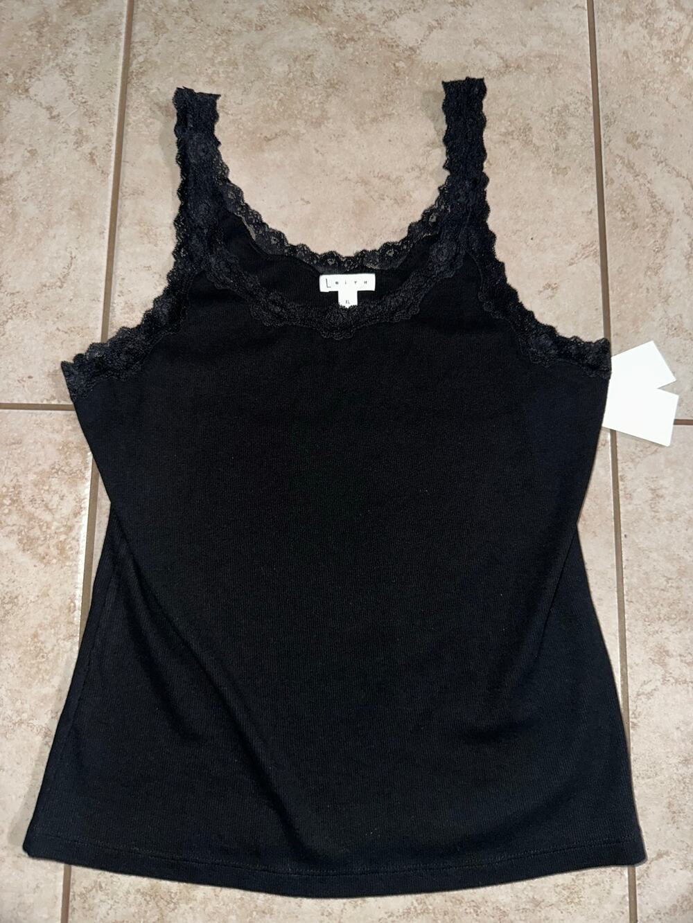 Leith Black Lace Trim Tank Top Cami Size XL NWT